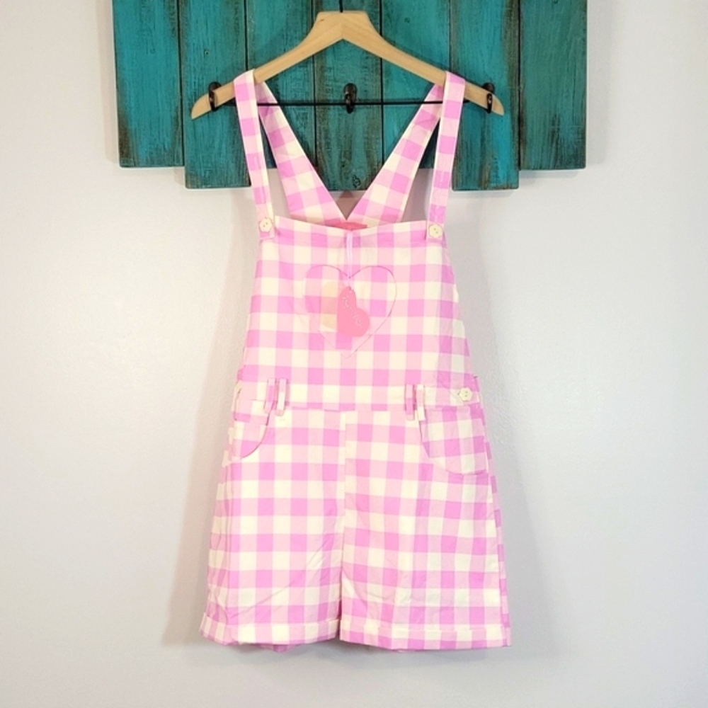 Sugar Thrillz "Smore Sweetness" Gingham heart/ flower button detail shortall NWT
